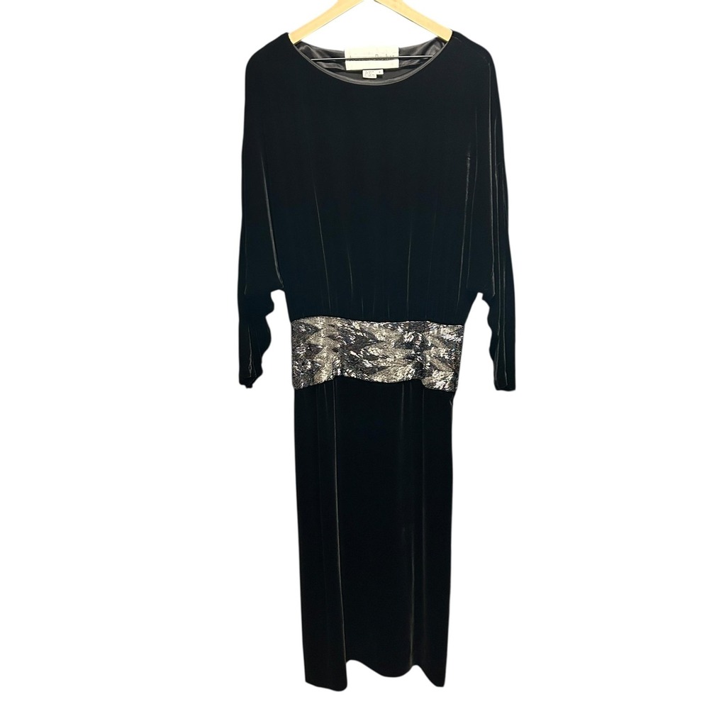 Vintage Jeannene‎ Booher Dress Womens 8 Black Velvet Beaded Maxi Formal Dolman